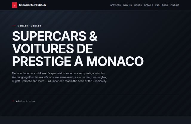Page d’accueil du site de Monaco Supercars